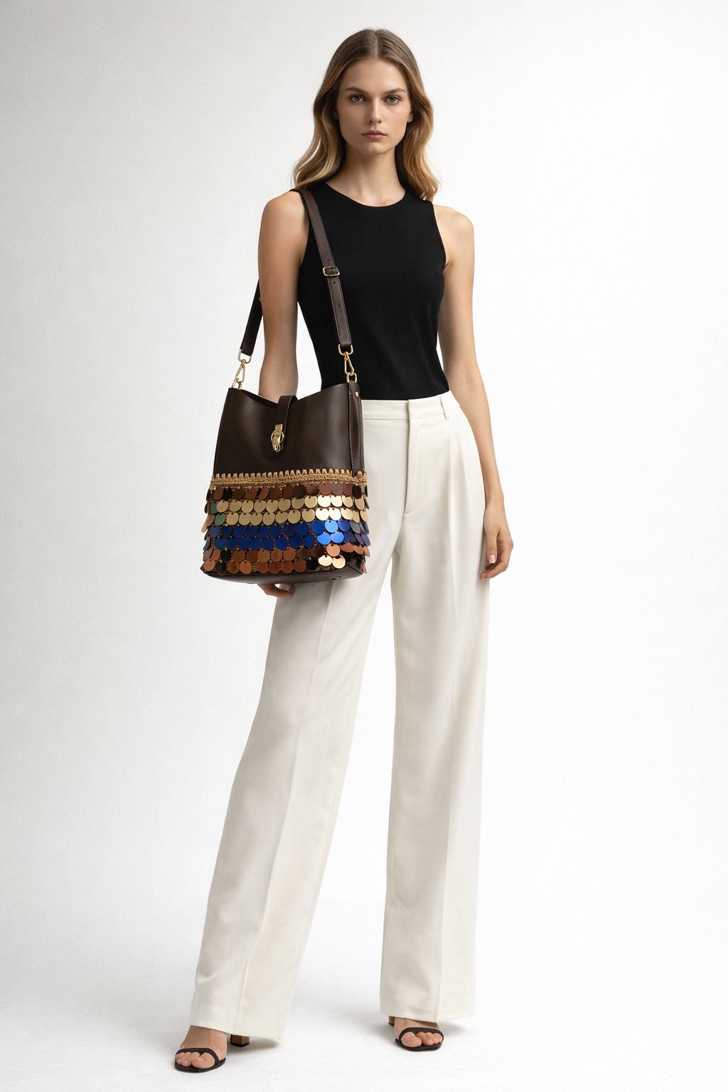 Handmade Leather Shoulder Bag with Sequin Details