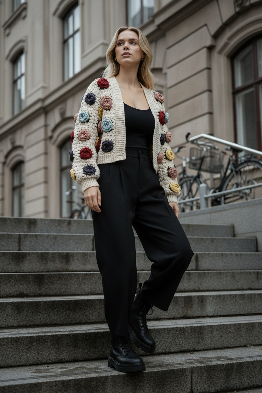 Handmade Crochet Flower Crop Cardigan – Colorful Boho Style