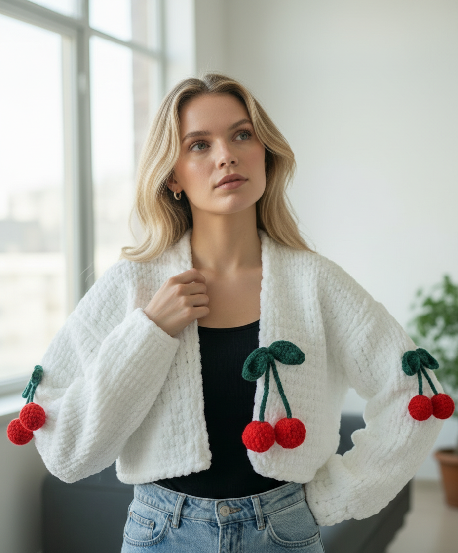 Handmade Cherry Detail Puffy Crop Cardigan