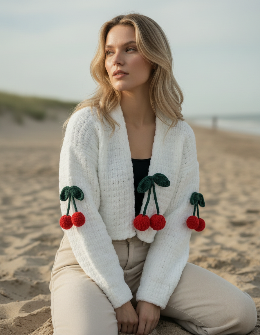 Handmade Cherry Detail Puffy Crop Cardigan
