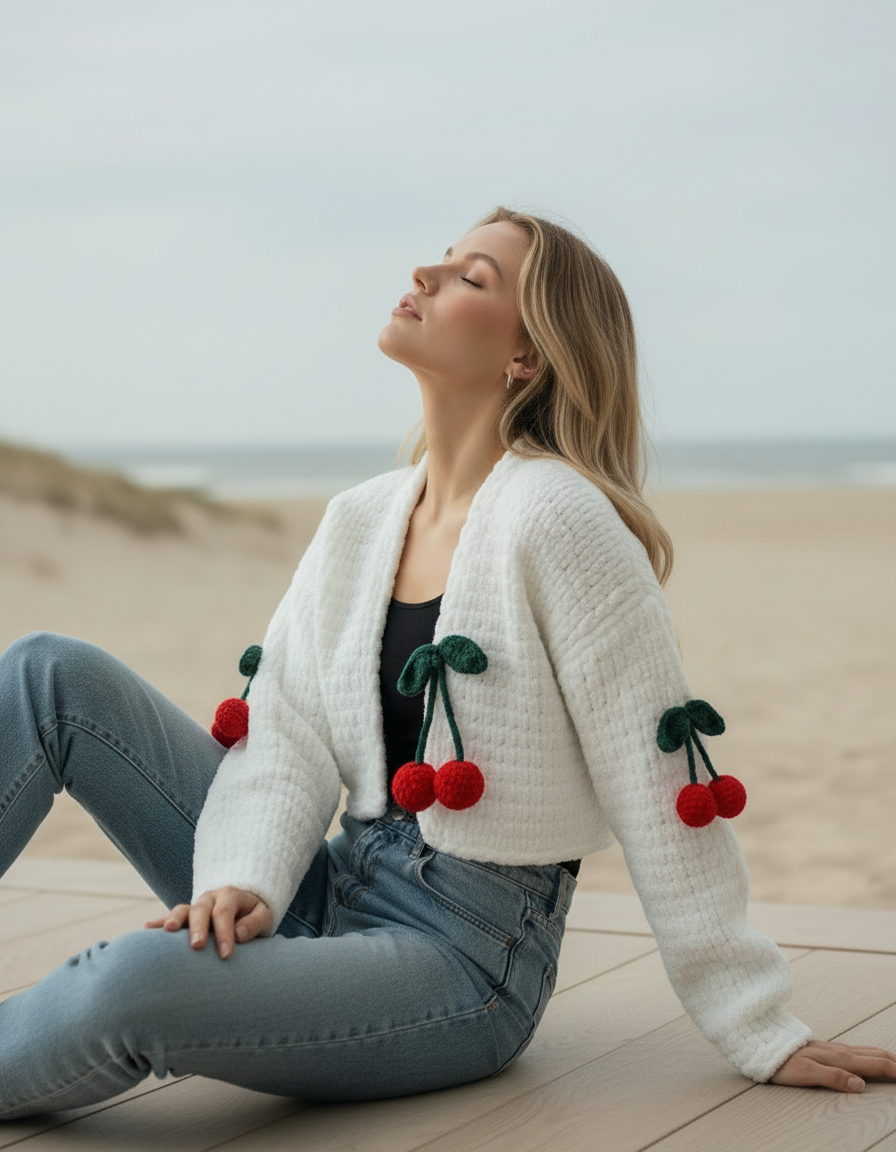 Handmade Cherry Detail Puffy Crop Cardigan