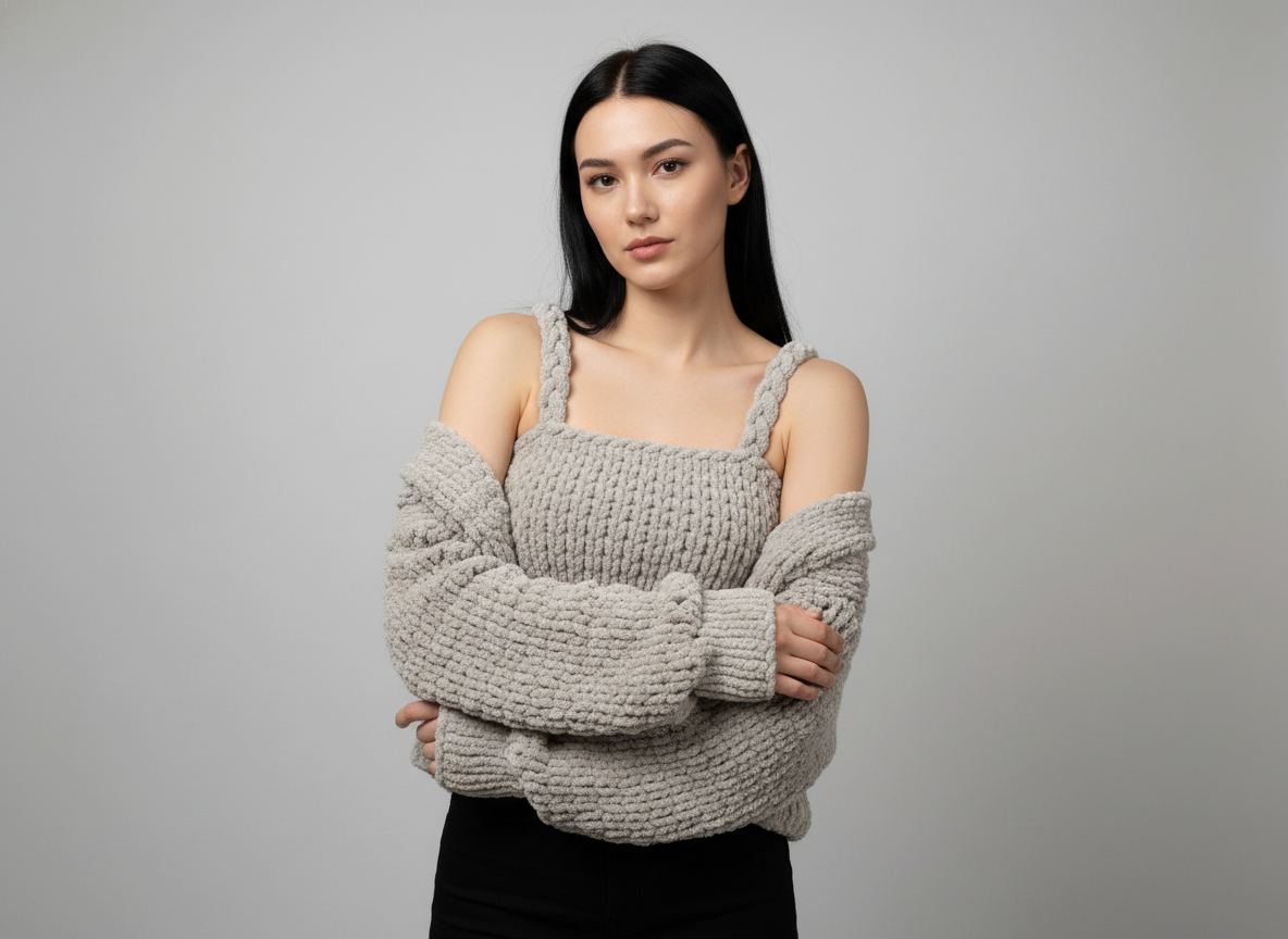 Handmade Puffy Knit Crop Top and Cardigan Set