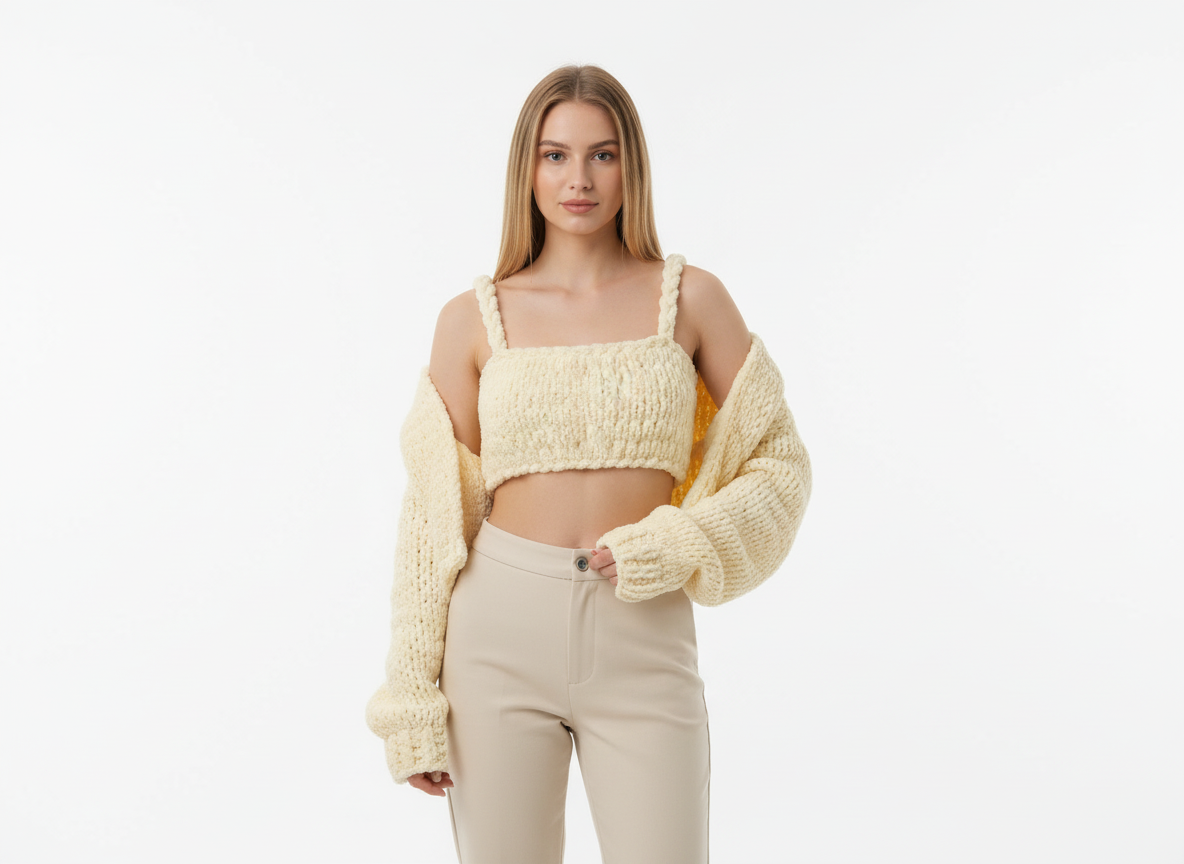 Handmade Puffy Knit Crop Top and Cardigan Set