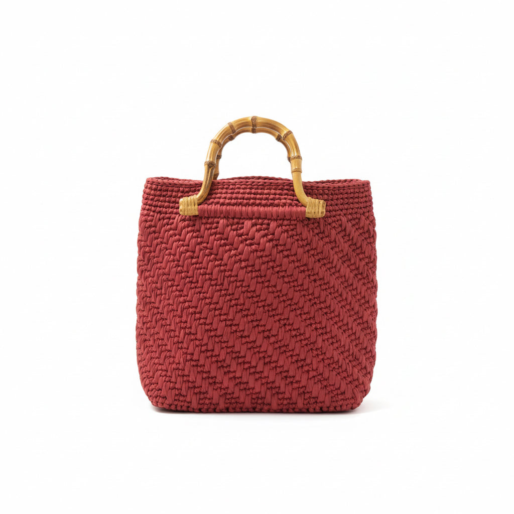 Dark Pink  Woven Handbag with Bamboo Handles