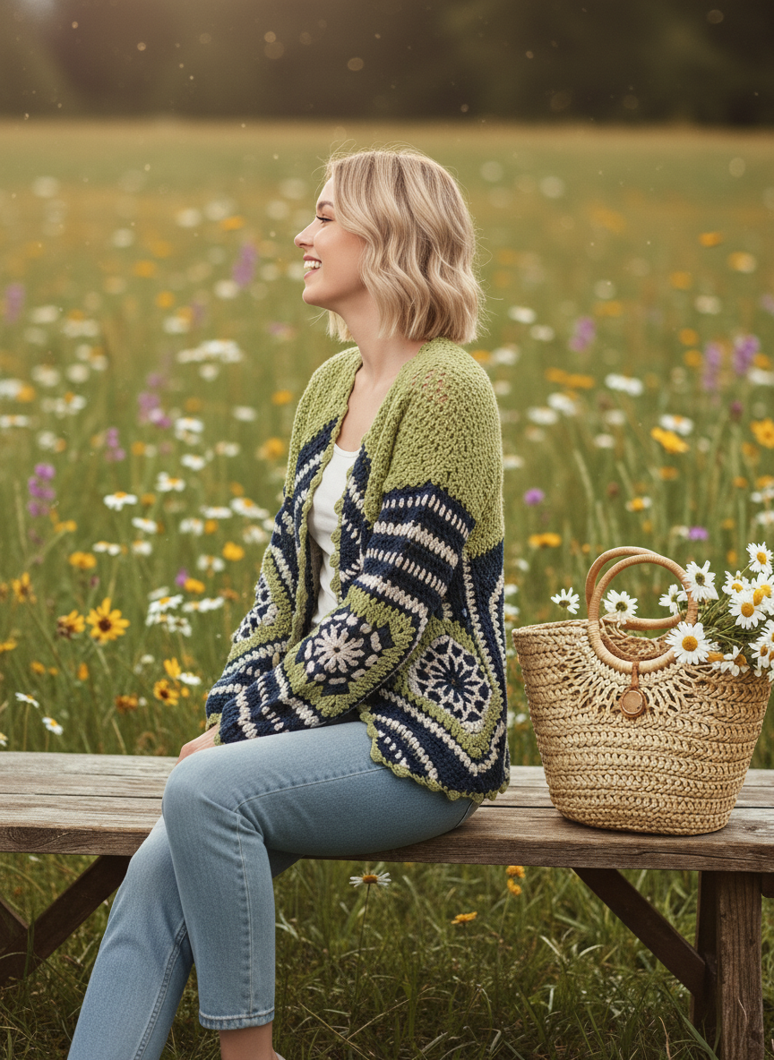 Green & Navy Geometric Crochet Cardigan