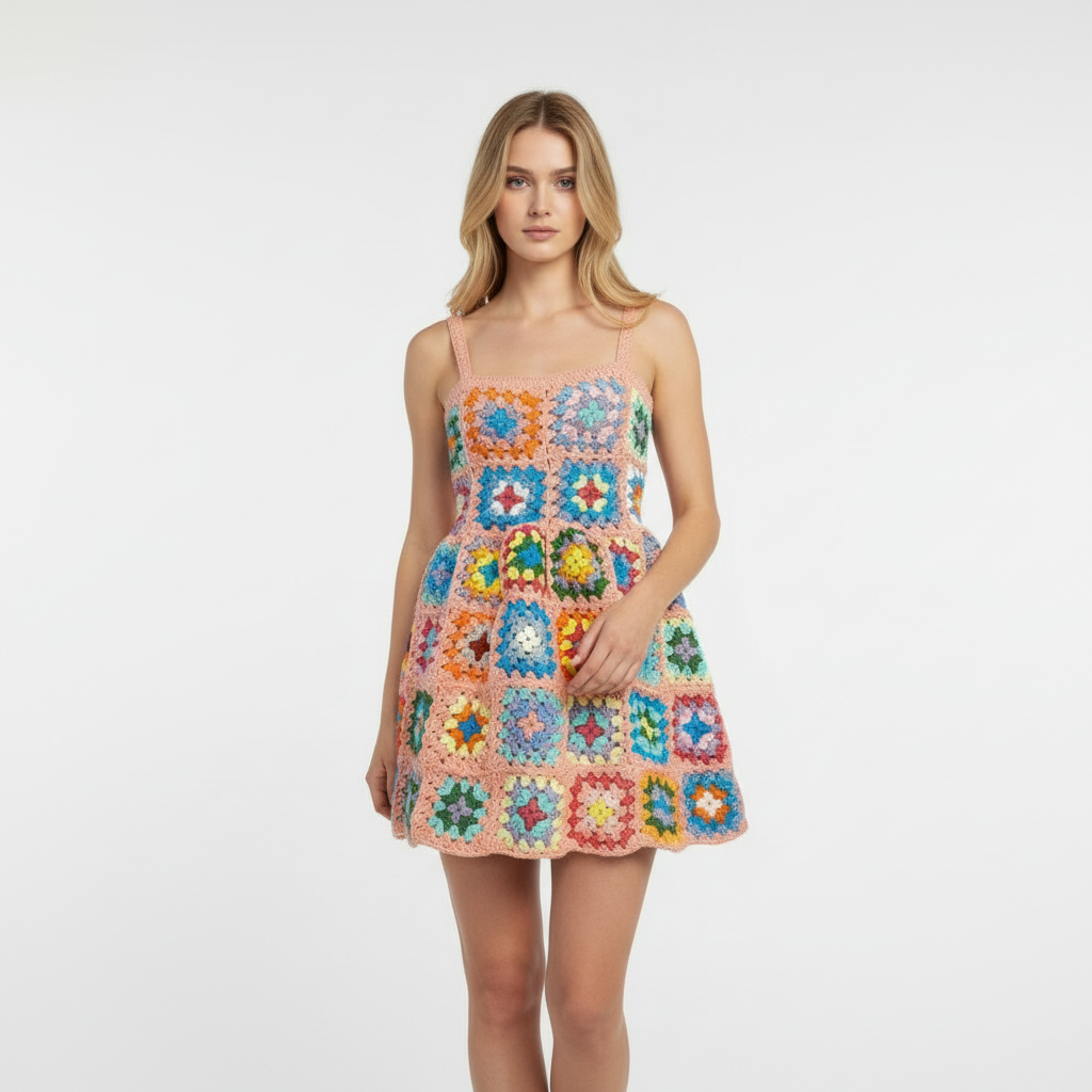 Handmade Granny Square Mini Crochet Dress