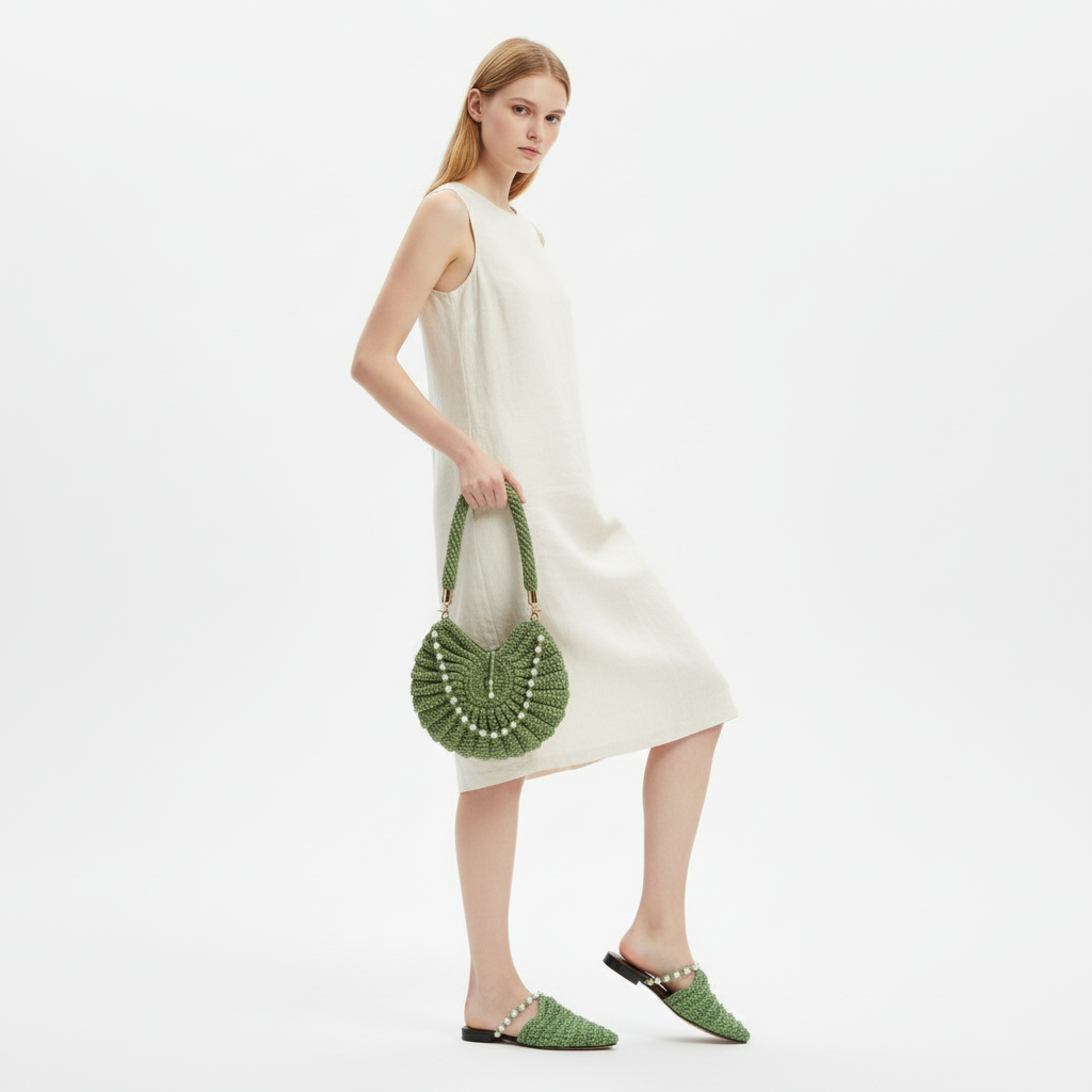 Handmade Green Crochet Bag & Shoes Set
