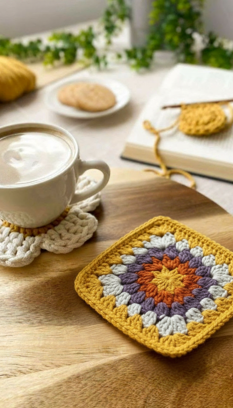 El Örgüsü Bardak Altlığı – Hardal Tonlarda Boho Kare Model