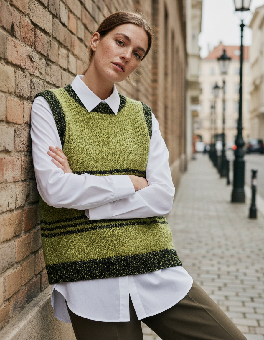 Handmade Knit Sweater Vest – Olive Green with Black Details
