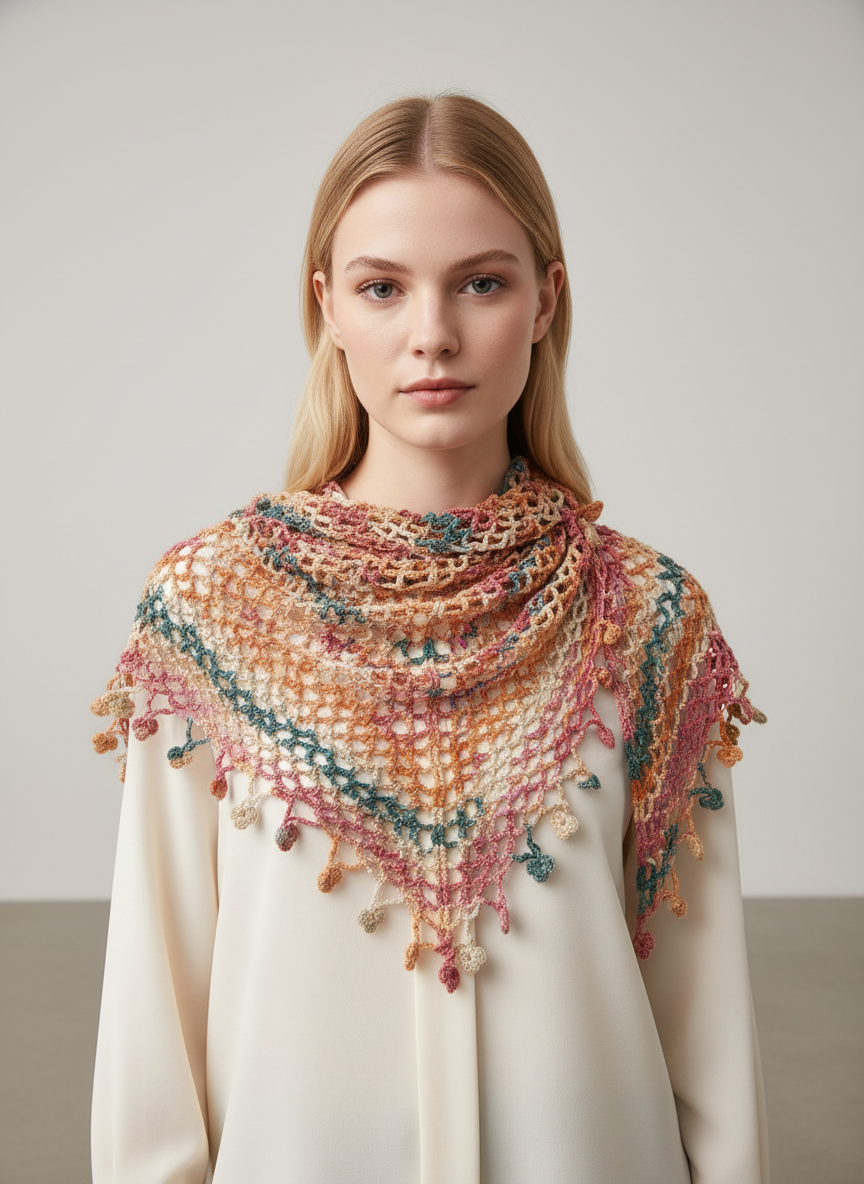 Vintage Crochet Triangle Shawl – Colorful Handmade Boho Mesh Scarf