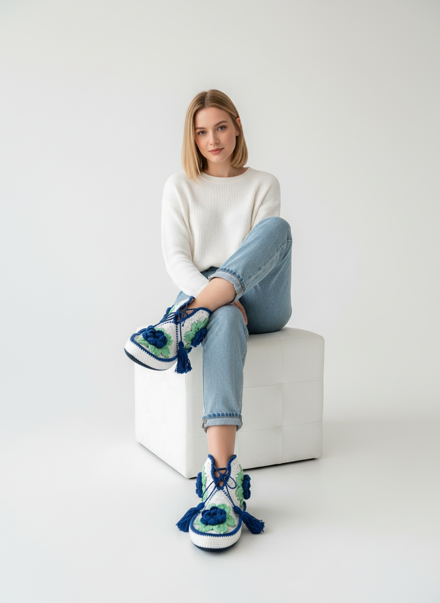 El Örgüsü Çiçekli Ev Botu | Lacivert & Yeşil