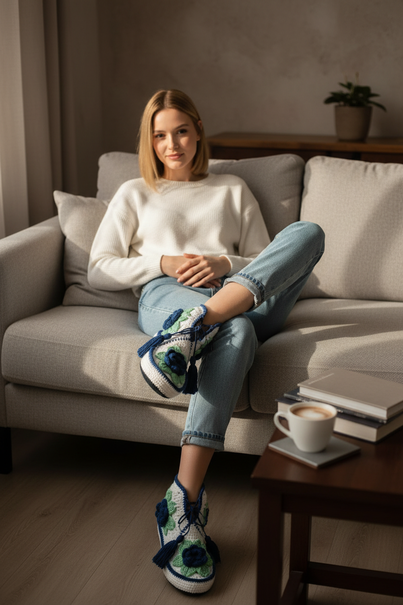 El Örgüsü Çiçekli Ev Botu | Lacivert & Yeşil