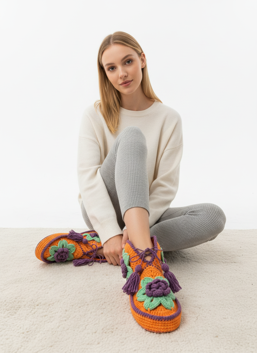 El Örgüsü Çiçekli Ev Botu | Turuncu & Mor