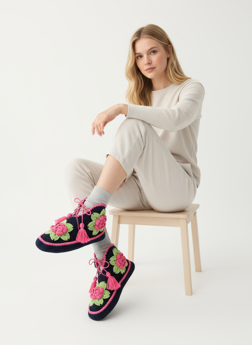 El Örgüsü Çiçekli Ev Botu | Fuşya & Yeşil & Lacivert