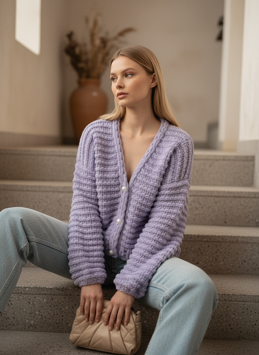 Lilac Handmade Puffy Knit Cardigan