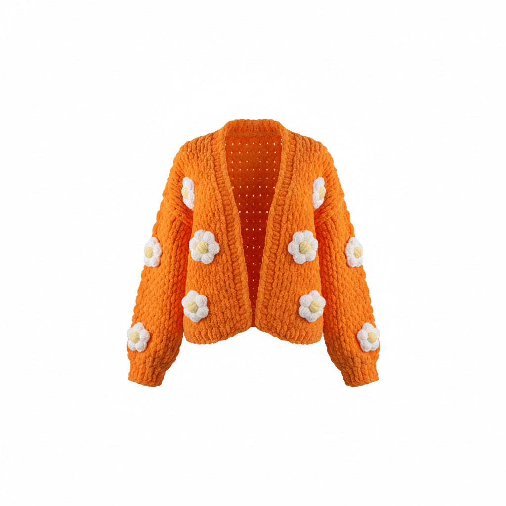 Orange Bloom – Handmade Puffy Crochet Daisy Cardigan