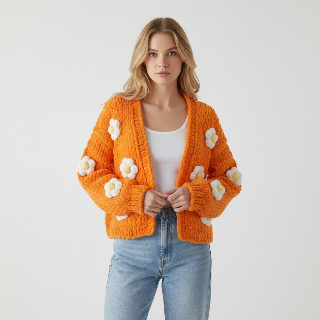 Orange Bloom – Handmade Puffy Crochet Daisy Cardigan