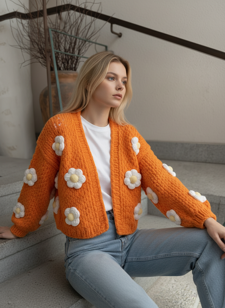 Orange Bloom – Handmade Puffy Crochet Daisy Cardigan