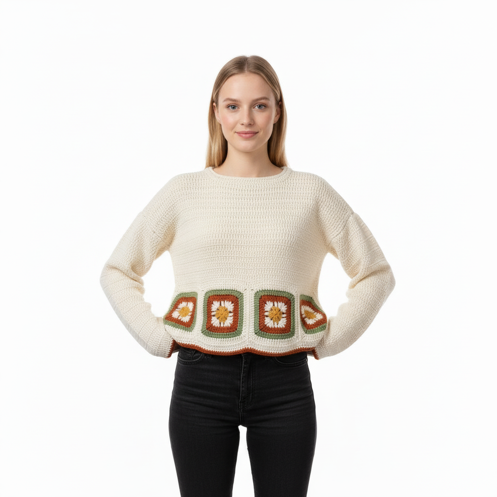 Vintage Daisy Breeze – Handmade Crochet Sweater