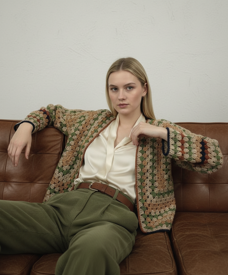 Handmade Retro Granny Cardigan – Earthy Natural Tones