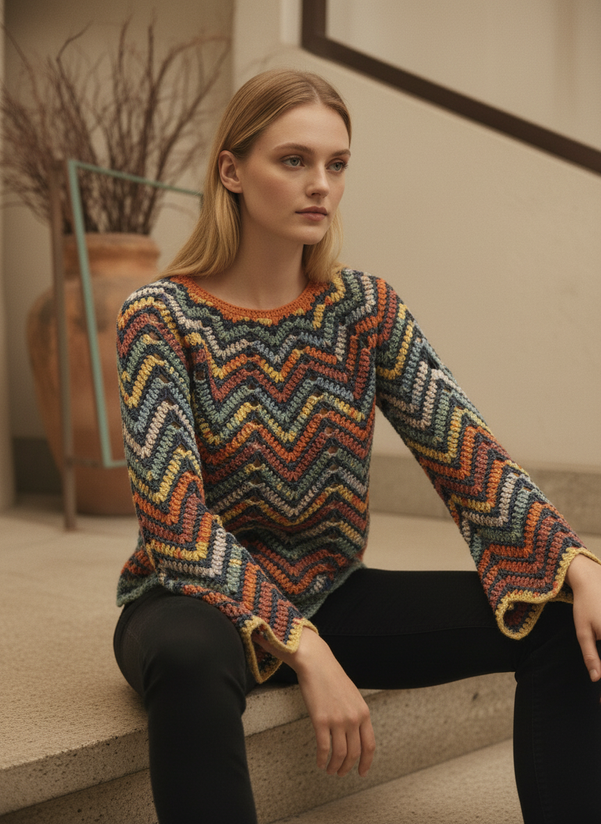 Handmade Zigzag Crochet Sweater – Retro Boho Style