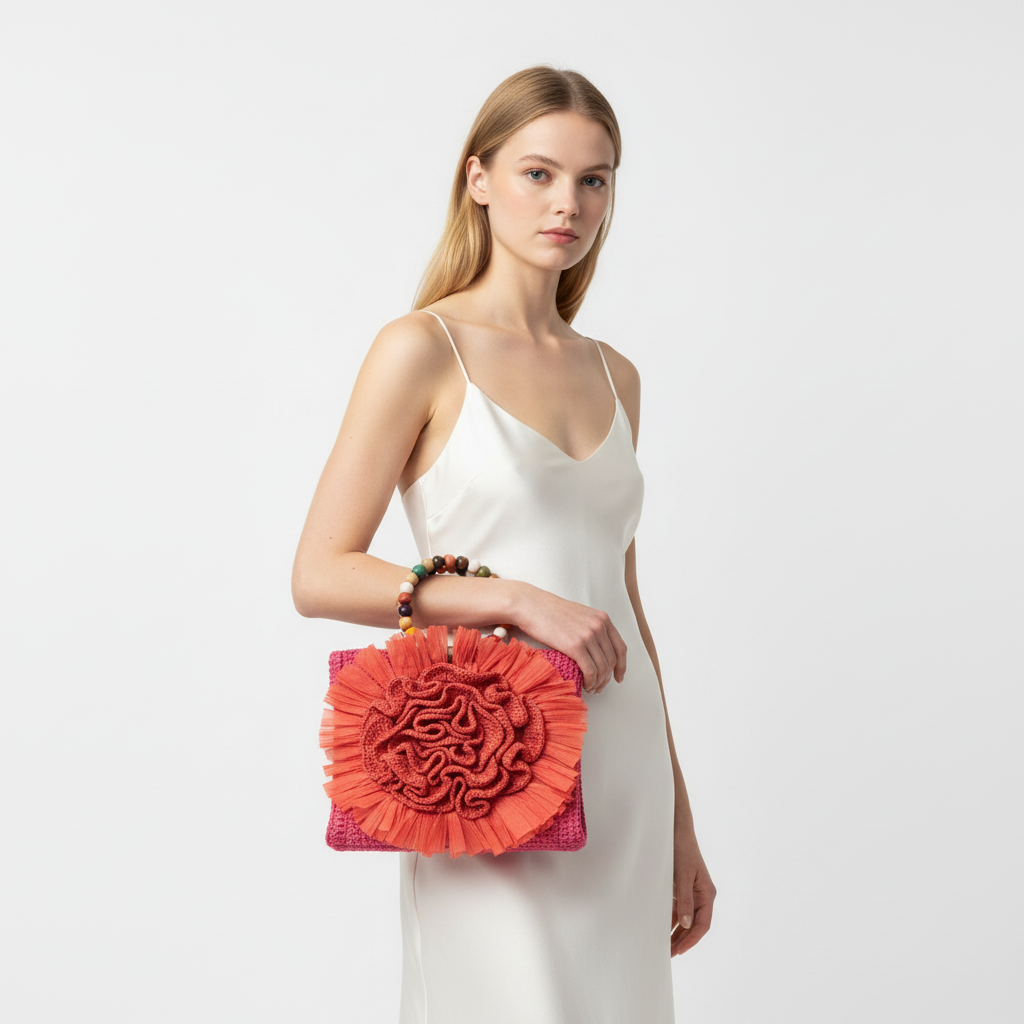 Handmade Straw Bag with Flower Detail – Coral Pink | With Chain Strap