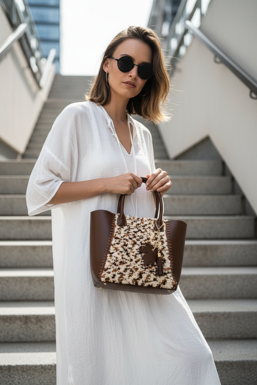 Medium Plush Handbag – Brown & Cream