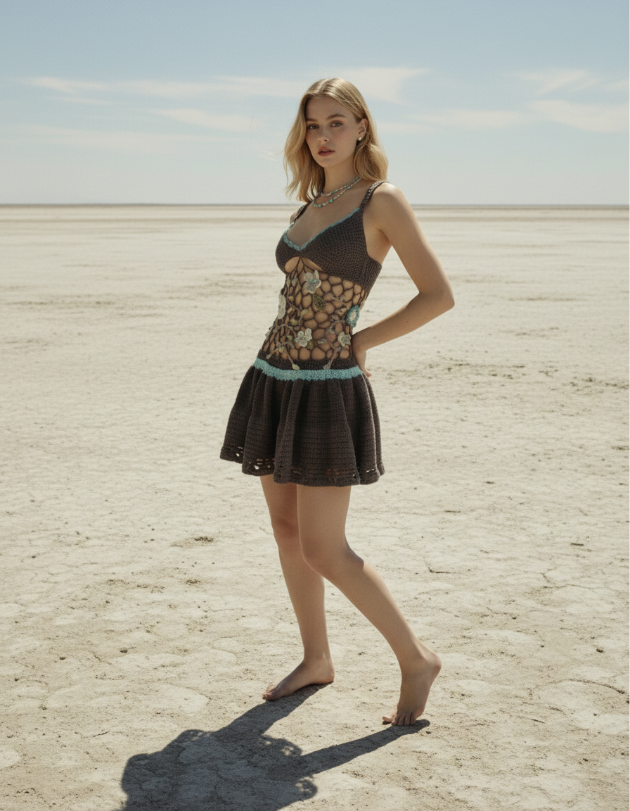 Handmade Crochet Floral Mesh Mini Dress