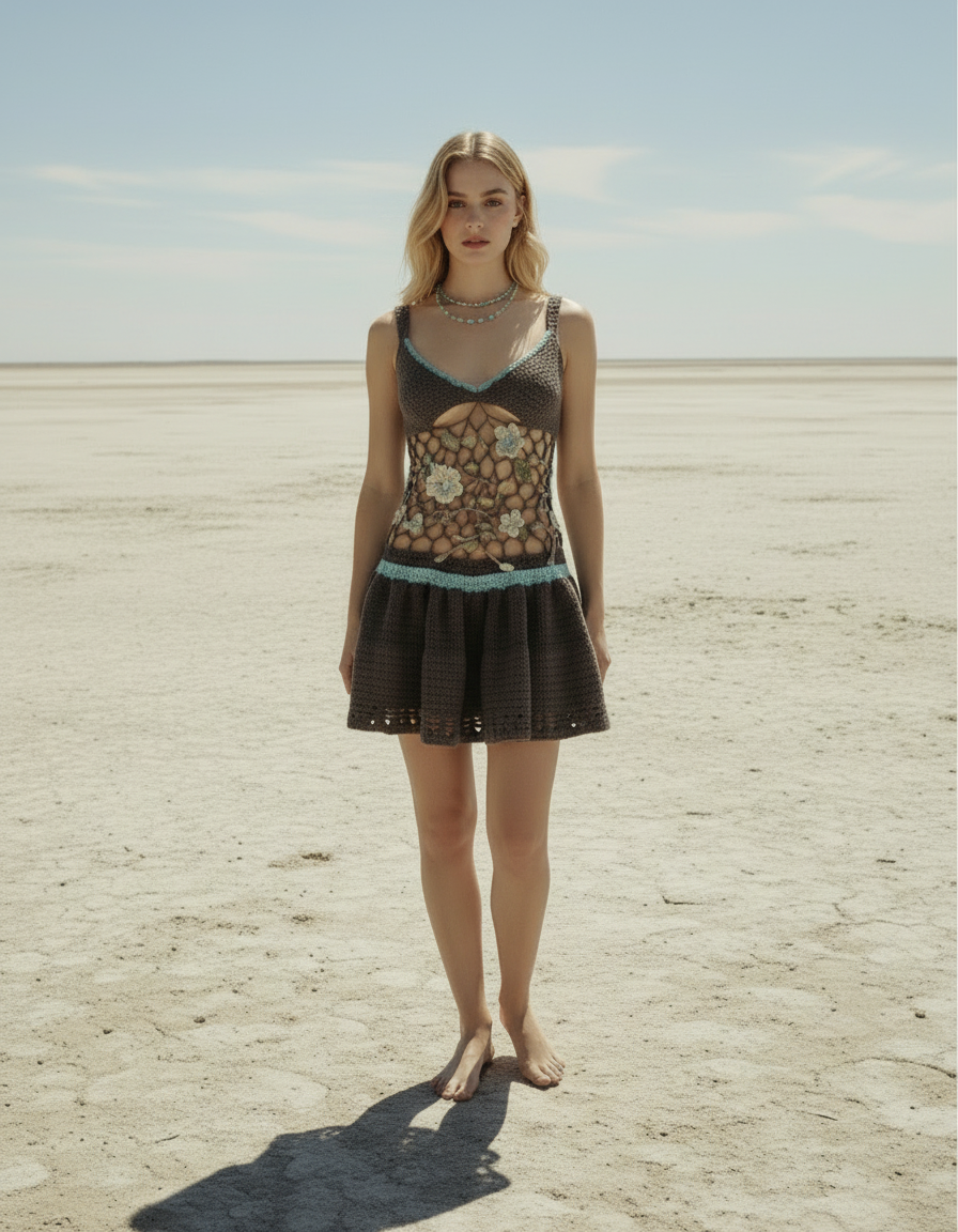 Handmade Crochet Floral Mesh Mini Dress