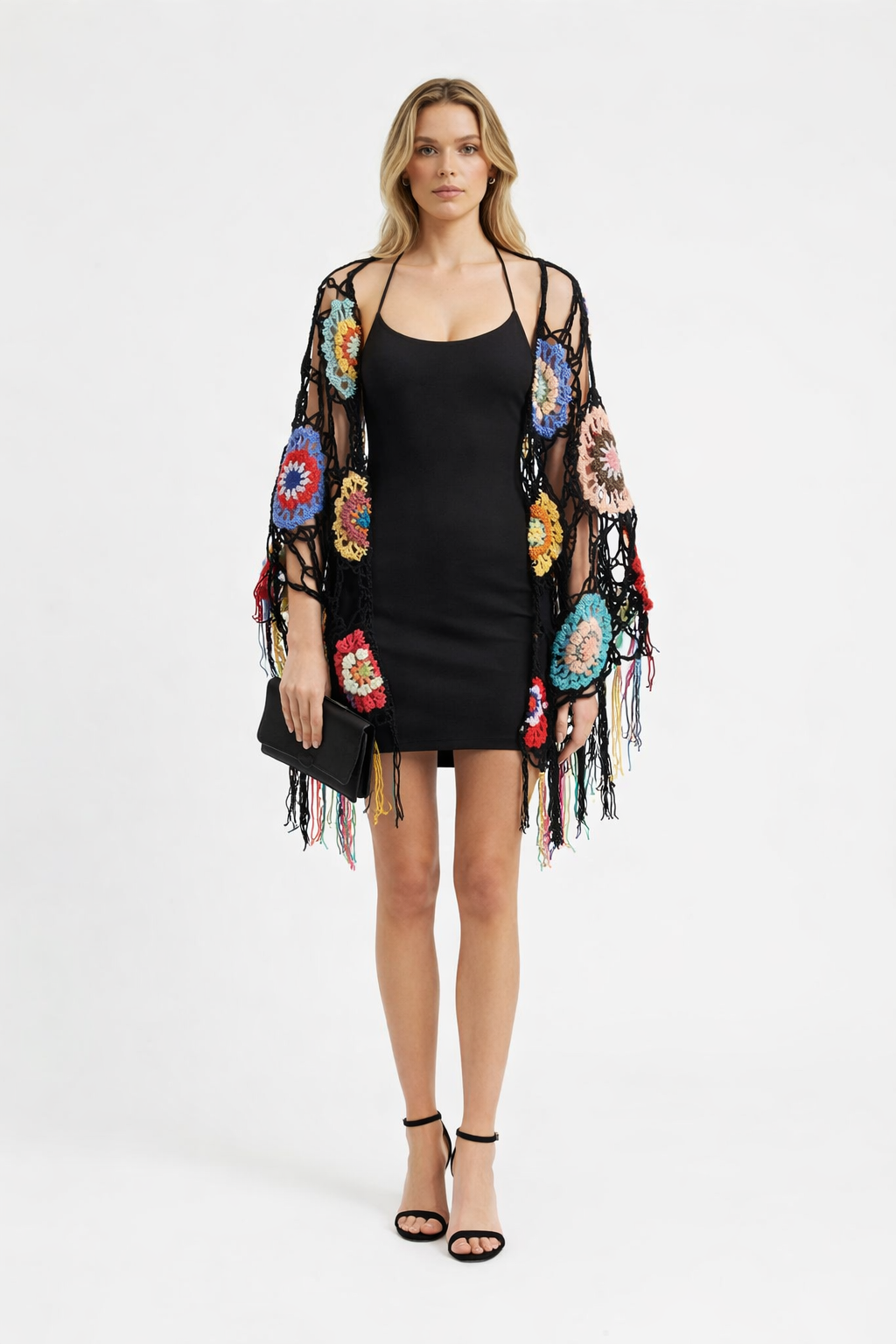 Handmade Boho Shawl with Colorful Crochet Motifs