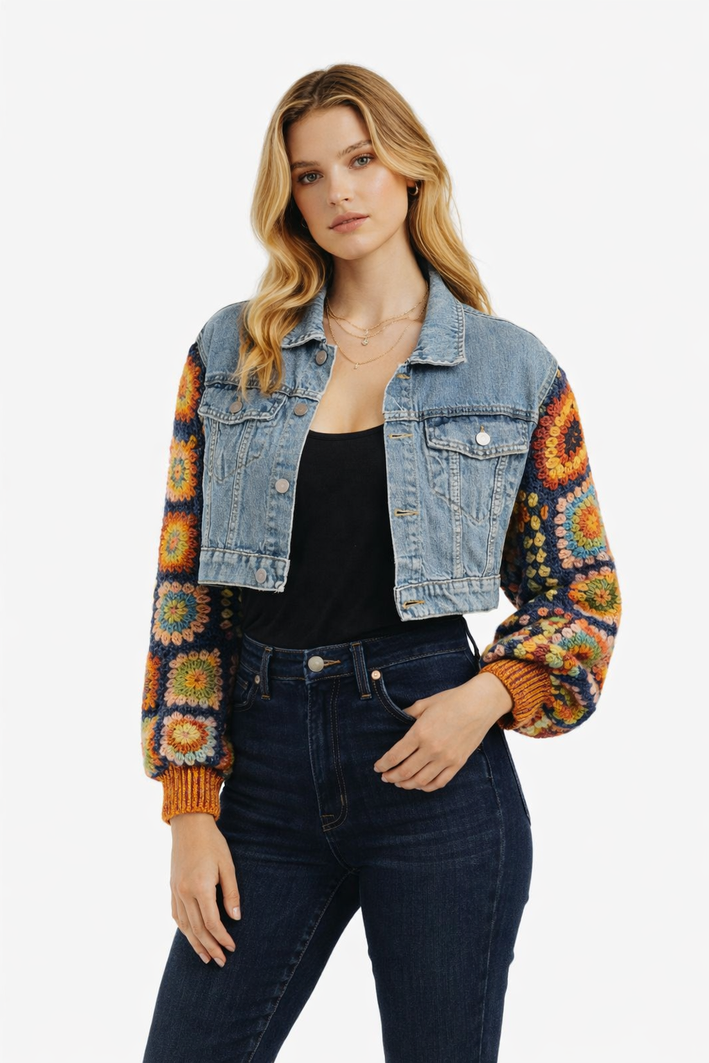 Handmade Crochet Sleeve Cropped Denim Jacket