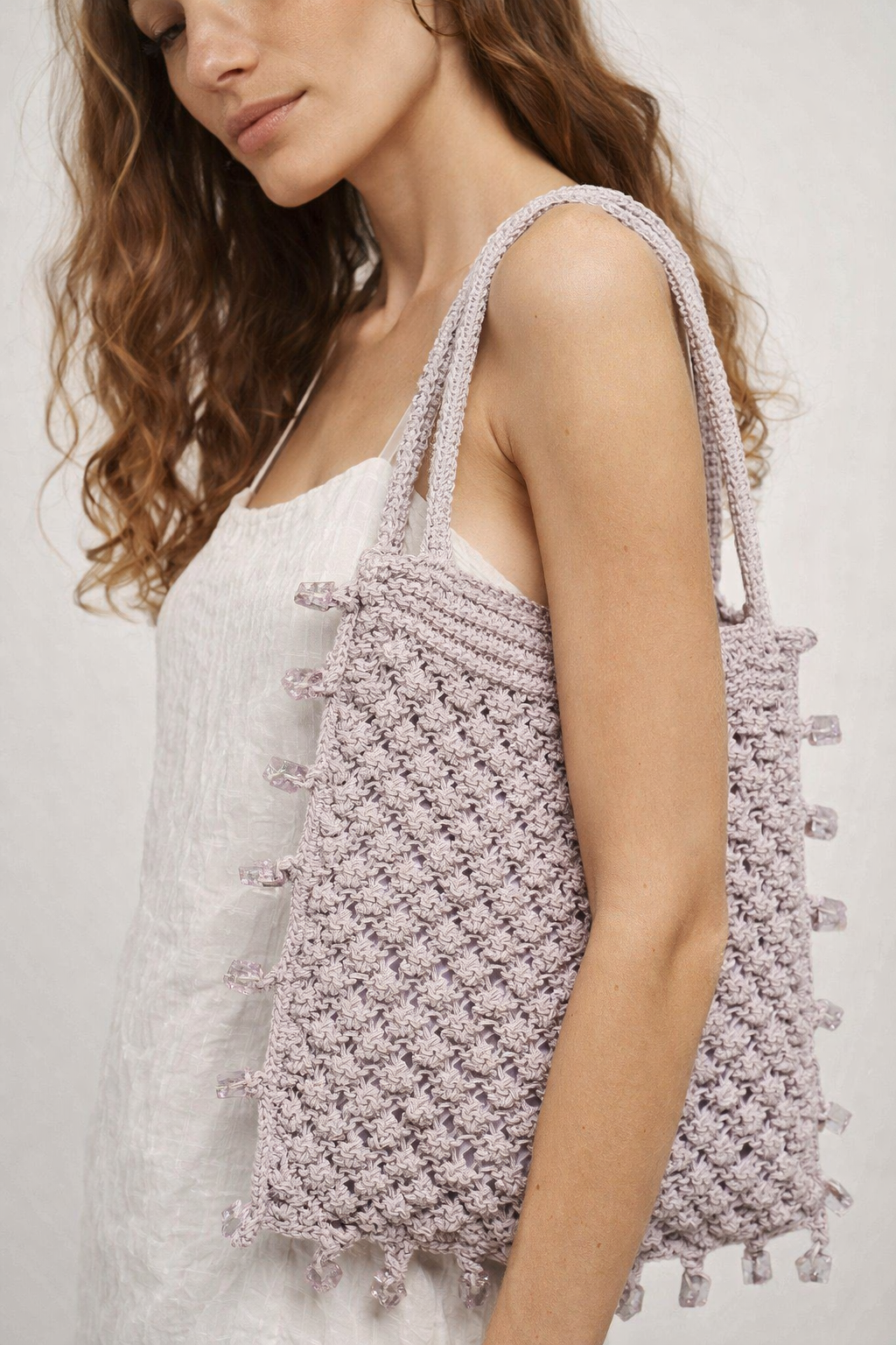 Hand Knitted Shimmer Yarn Bag with Beaded Edges