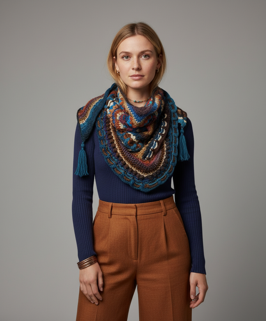 Hand Knitted Color-Blend Shawl – Natural Tones & Bohemian Texture