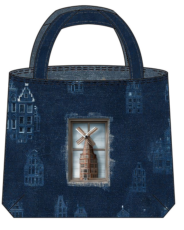 Dutch Spirit Bag Fabric | Denim Texture with Windmills & Iconic Dutch Architecture