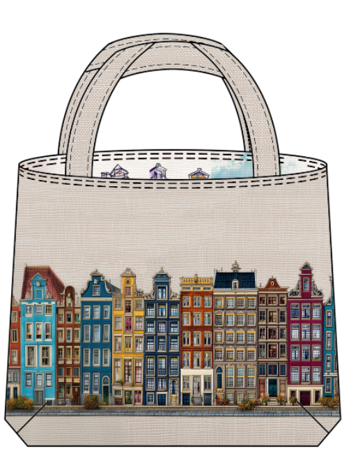 Amsterdam Harmony Bag Fabric | Outline Watercolor Canal Houses & Colorful Amsterdam Homes